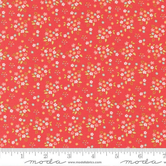 Image of Delightfully Yours Posie Geranium quilting cotton fabric by Sherri & Chelsi for Moda Fabrics. Features flowers on a red background. Cute Little Fabric Shop