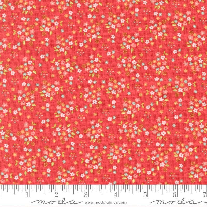 Image of Delightfully Yours Posie Geranium quilting cotton fabric by Sherri & Chelsi for Moda Fabrics. Features flowers on a red background. Cute Little Fabric Shop