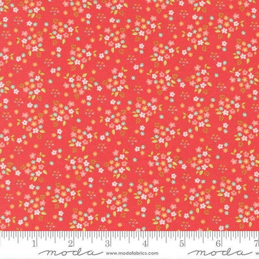 Image of Delightfully Yours Posie Geranium quilting cotton fabric by Sherri & Chelsi for Moda Fabrics. Features flowers on a red background. Cute Little Fabric Shop