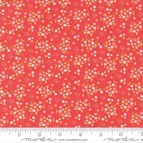 Image of Delightfully Yours Posie Geranium quilting cotton fabric by Sherri & Chelsi for Moda Fabrics. Features flowers on a red background. Cute Little Fabric Shop
