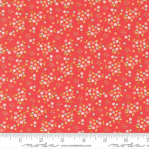 Image of Delightfully Yours Posie Geranium quilting cotton fabric by Sherri & Chelsi for Moda Fabrics. Features flowers on a red background. Cute Little Fabric Shop