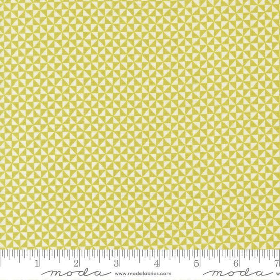 Image of Delightfully Yours Pinwheel Chartreuse quilting cotton fabric by Sherri & Chelsi for Moda Fabrics. Features triangles on a yellow background. Cute Little Fabric Shop