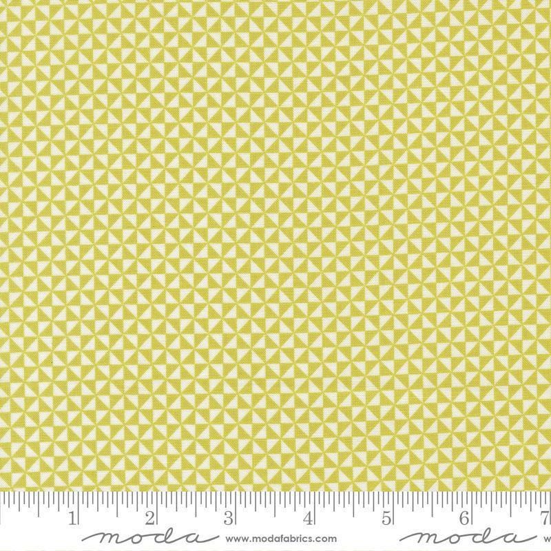 Image of Delightfully Yours Pinwheel Chartreuse quilting cotton fabric by Sherri & Chelsi for Moda Fabrics. Features triangles on a yellow background. Cute Little Fabric Shop