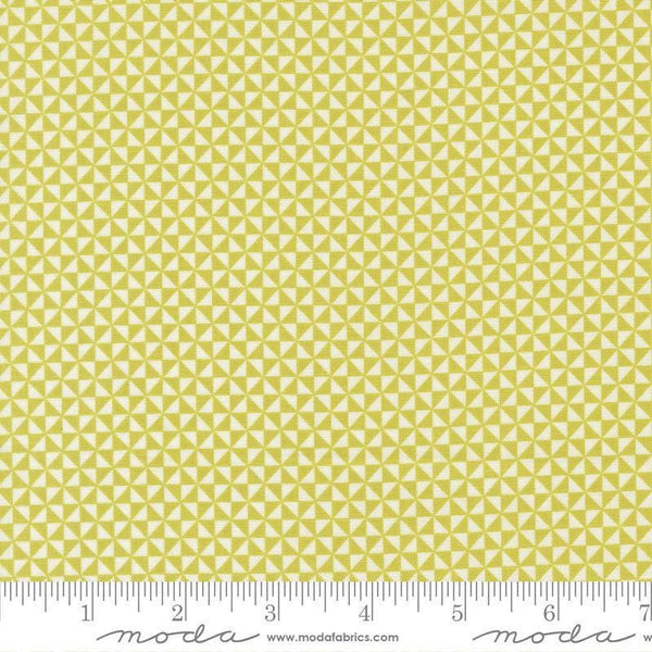 Image of Delightfully Yours Pinwheel Chartreuse quilting cotton fabric by Sherri & Chelsi for Moda Fabrics. Features triangles on a yellow background. Cute Little Fabric Shop