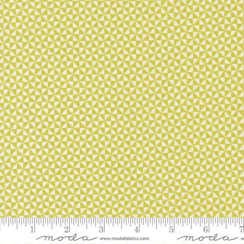 Image of Delightfully Yours Pinwheel Chartreuse quilting cotton fabric by Sherri & Chelsi for Moda Fabrics. Features triangles on a yellow background. Cute Little Fabric Shop