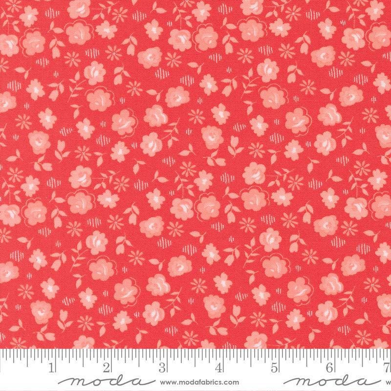 Image of Delightfully Yours Flowers Geranium quilting cotton fabric by Sherri & Chelsi for Moda Fabrics. Features flowers on a red background. Cute Little Fabric Shop