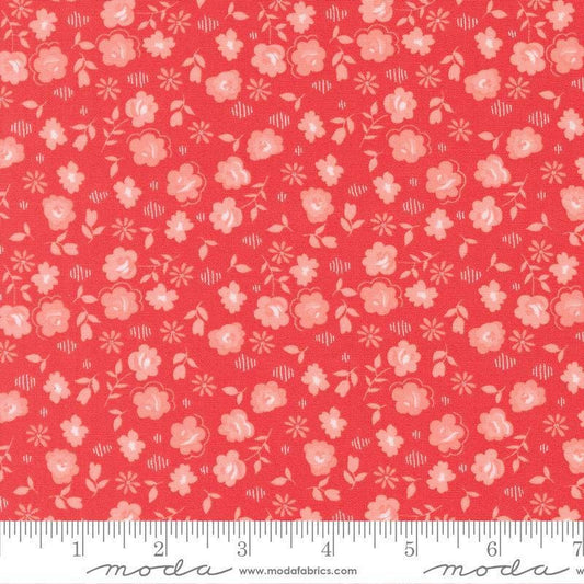Image of Delightfully Yours Flowers Geranium quilting cotton fabric by Sherri & Chelsi for Moda Fabrics. Features flowers on a red background. Cute Little Fabric Shop