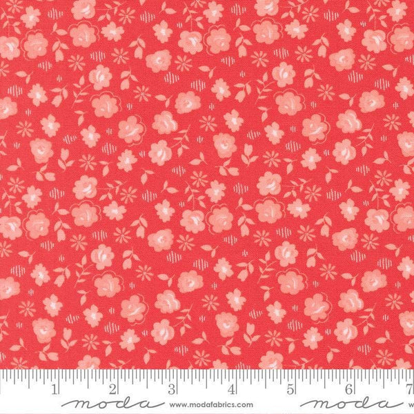 Image of Delightfully Yours Flowers Geranium quilting cotton fabric by Sherri & Chelsi for Moda Fabrics. Features flowers on a red background. Cute Little Fabric Shop