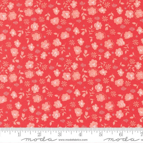 Image of Delightfully Yours Flowers Geranium quilting cotton fabric by Sherri & Chelsi for Moda Fabrics. Features flowers on a red background. Cute Little Fabric Shop