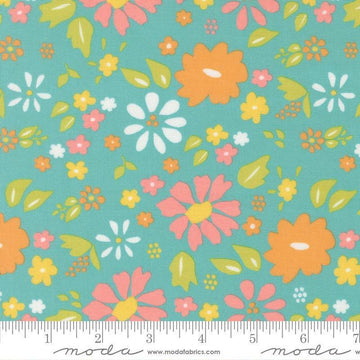 Image of Delightfully Yours Floral Poolside quilting cotton fabric by Sherri & Chelsi for Moda Fabrics. Features flowers on a green background. Cute Little Fabric Shop