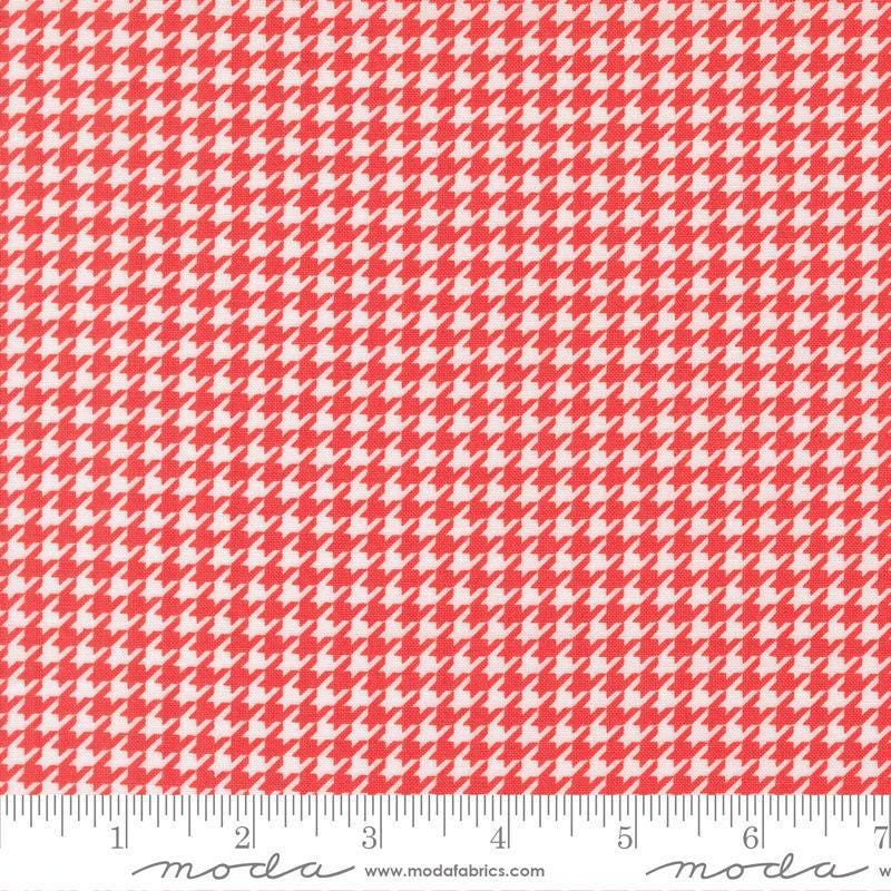 Image of Delightfully Yours Checks Geranium quilting cotton fabric by Sherri & Chelsi for Moda Fabrics. Features houndstooth on a red background. Cute Little Fabric Shop
