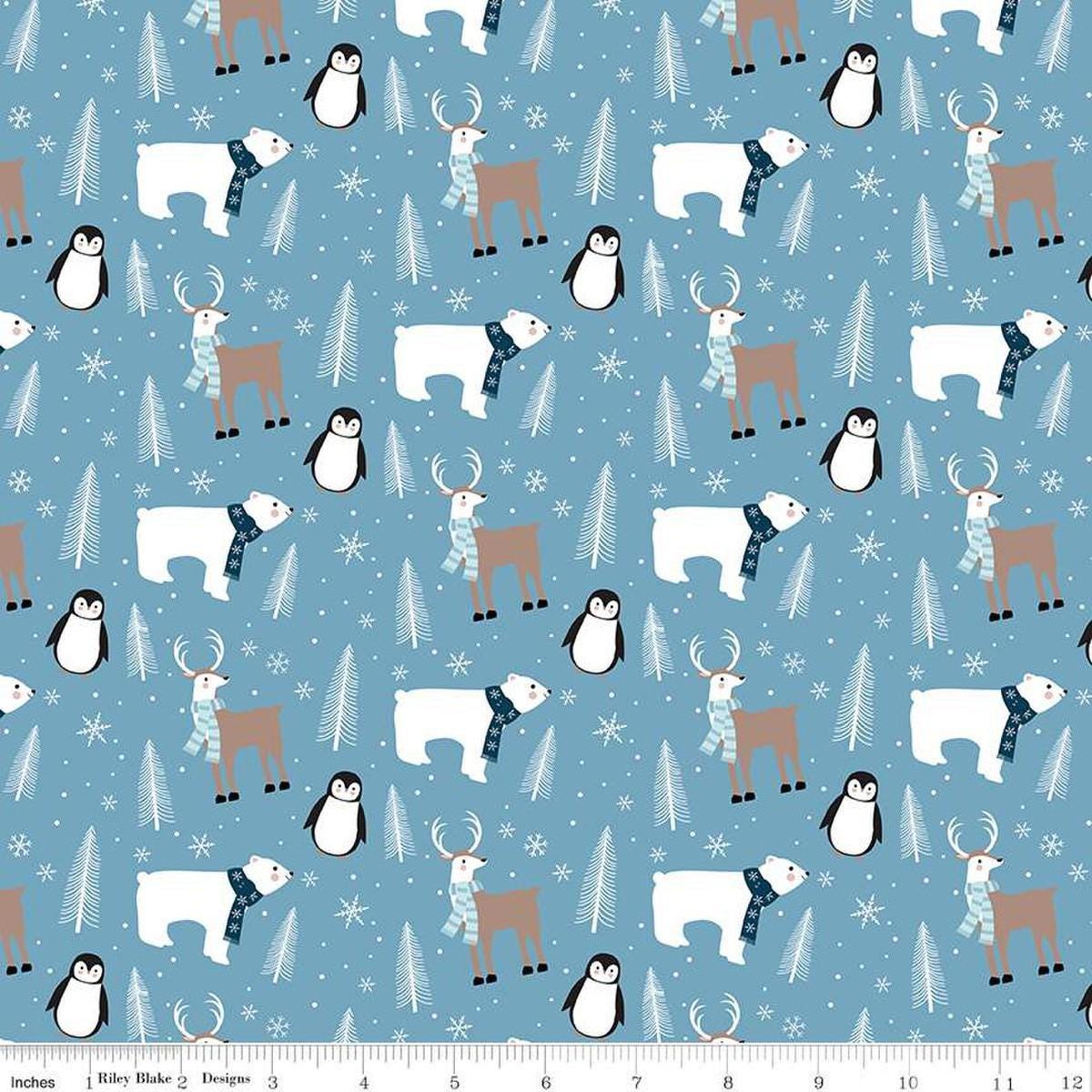 Image of Flannel Winter Magic Winter Animals Blue flannel cotton fabric by Dani Mogstad for Riley Blake Designs. Features animals on a blue background. Cute Little Fabric Shop