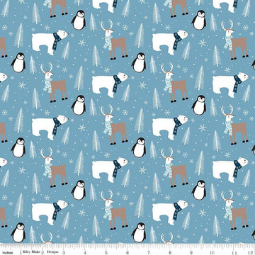 Image of Flannel Winter Magic Winter Animals Blue flannel cotton fabric by Dani Mogstad for Riley Blake Designs. Features animals on a blue background. Cute Little Fabric Shop