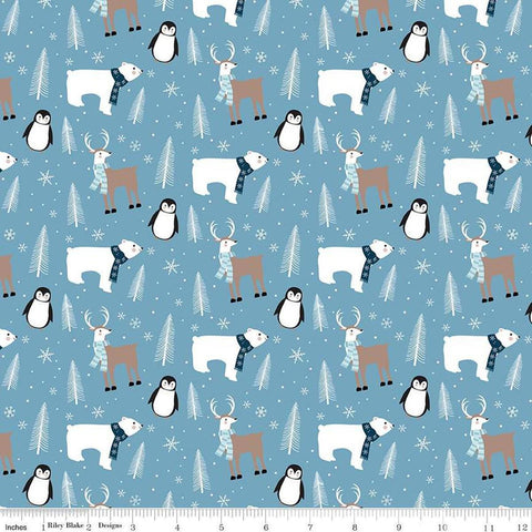 Image of Flannel Winter Magic Winter Animals Blue flannel cotton fabric by Dani Mogstad for Riley Blake Designs. Features animals on a blue background. Cute Little Fabric Shop
