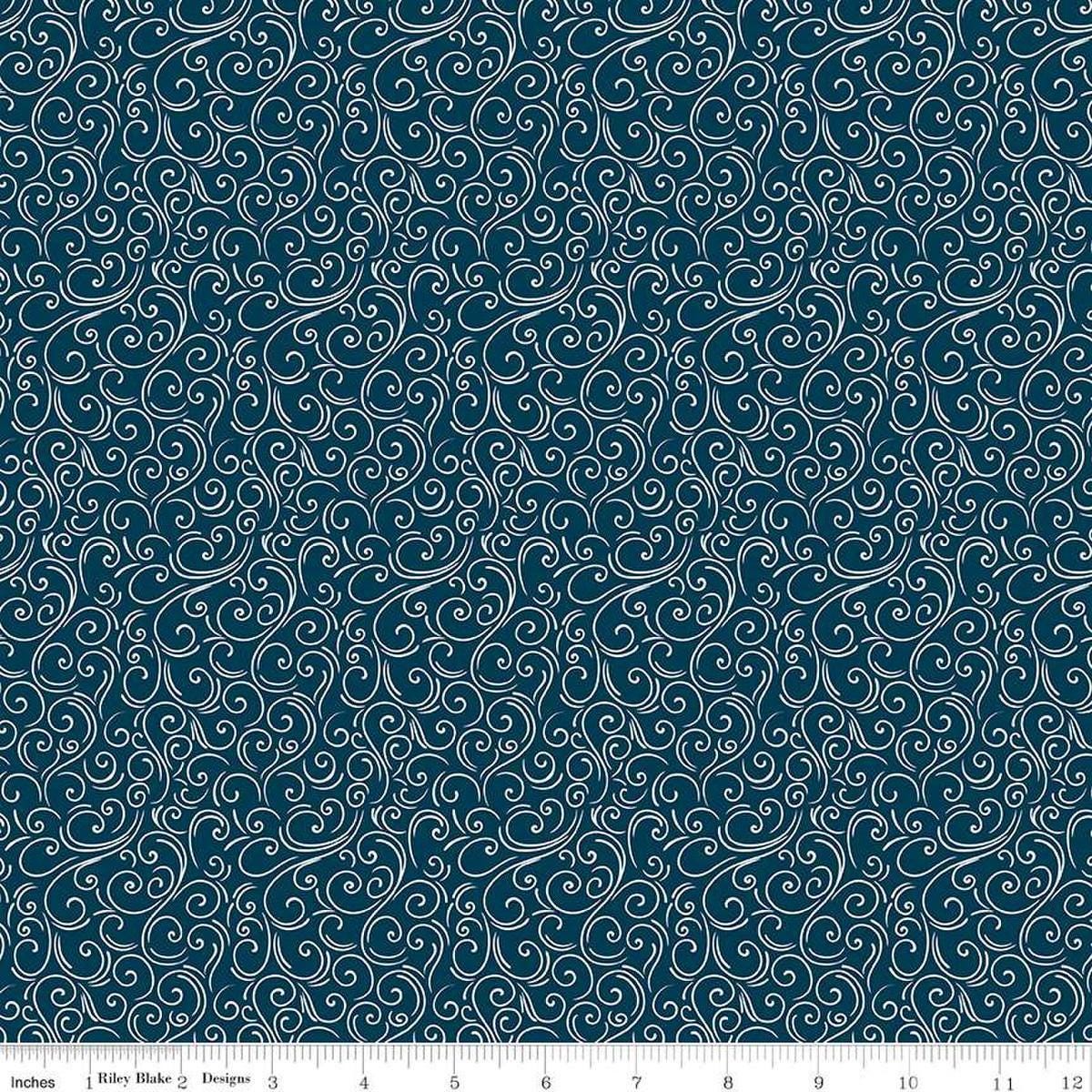 Image of Flannel Winter Magic Magic Swirls Navy flannel cotton fabric by Dani Mogstad for Riley Blake Designs. Features swirls on a blue background. Cute Little Fabric Shop