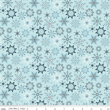 Image of Flannel Winter Magic Magic Snowflakes Aqua flannel cotton fabric by Dani Mogstad for Riley Blake Designs. Features snowflakes on a blue background. Cute Little Fabric Shop
