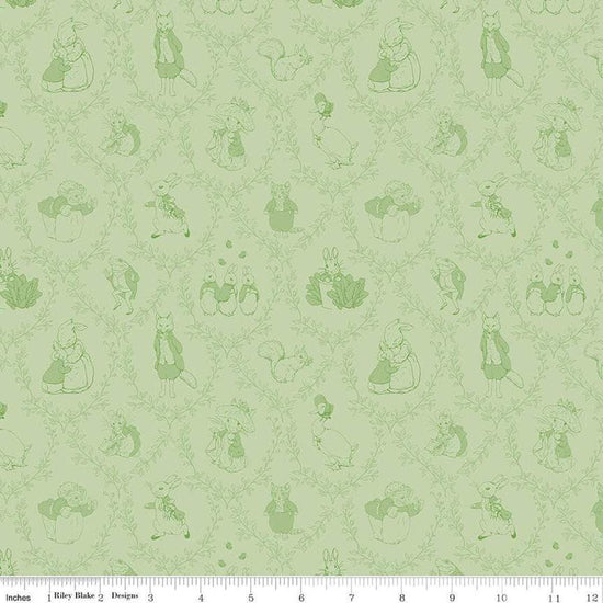 Image of Flannel Peter Rabbit™ & Friends Tolie Fern flannel cotton fabric by Riley Blake Official Licensed Product for Riley Blake Designs. Features animals on a green background. Cute Little Fabric Shop