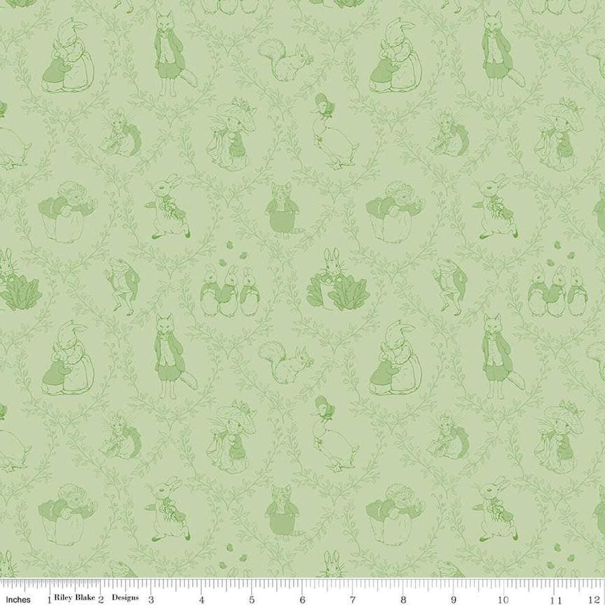 Image of Flannel Peter Rabbit™ & Friends Tolie Fern flannel cotton fabric by Riley Blake Official Licensed Product for Riley Blake Designs. Features animals on a green background. Cute Little Fabric Shop