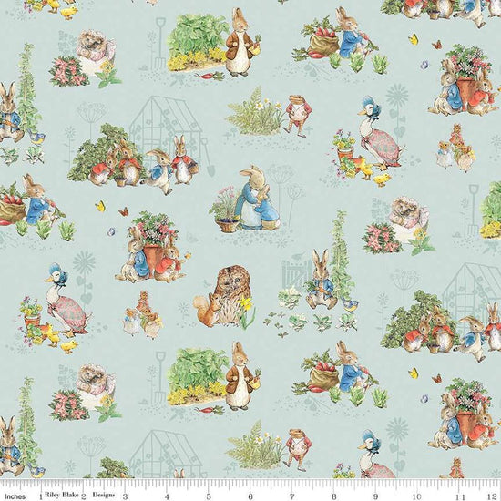 Image of Flannel Peter Rabbit™ & Friends Characters Blue flannel cotton fabric by Riley Blake Official Licensed Product for Riley Blake Designs. Features animals on a blue background. Cute Little Fabric Shop