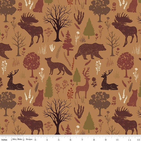 Image of Flannel Into the Woods Animals Tan flannel cotton fabric by Diane Labombarbe for Riley Blake Designs. Features wildlife on a brown background. Cute Little Fabric Shop