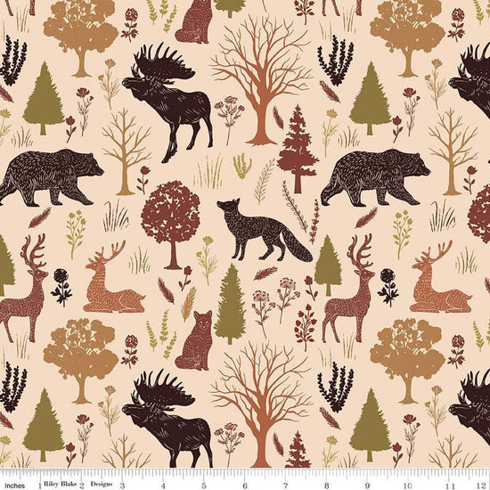 Image of Flannel Into the Woods Animals Cream flannel cotton fabric by Diane Labombarbe for Riley Blake Designs. Features wildlife on a cream background. Cute Little Fabric Shop