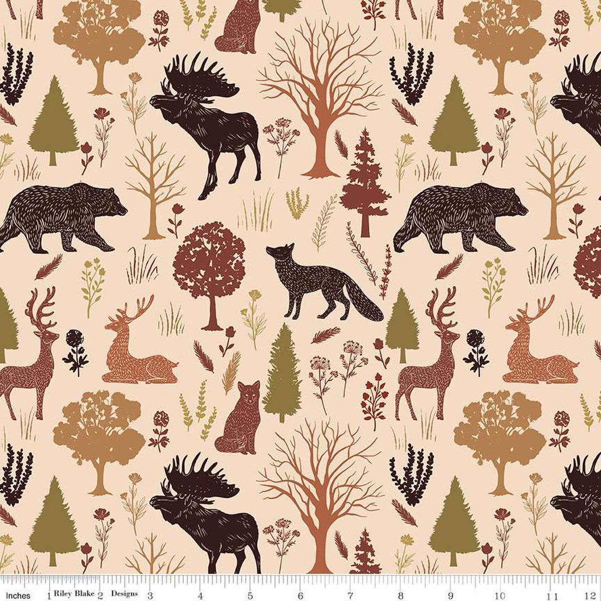 Image of Flannel Into the Woods Animals Cream flannel cotton fabric by Diane Labombarbe for Riley Blake Designs. Features wildlife on a cream background. Cute Little Fabric Shop