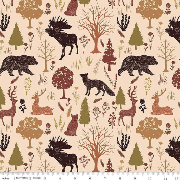 Image of Flannel Into the Woods Animals Cream flannel cotton fabric by Diane Labombarbe for Riley Blake Designs. Features wildlife on a cream background. Cute Little Fabric Shop