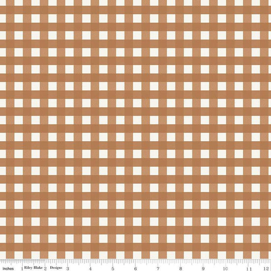 Image of One the Farm Plaid Brown flannel cotton fabric by The RBD Designers for Riley Blake Designs. Features plaid on a tan background. Cute Little Fabric Shop