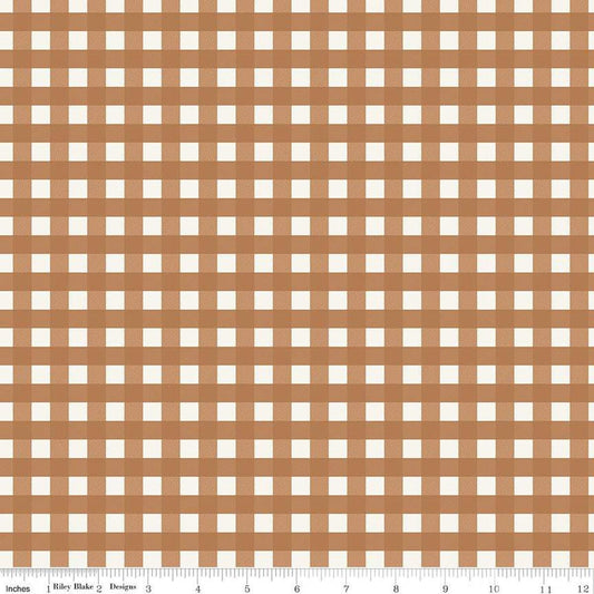 Image of One the Farm Plaid Brown flannel cotton fabric by The RBD Designers for Riley Blake Designs. Features plaid on a tan background. Cute Little Fabric Shop