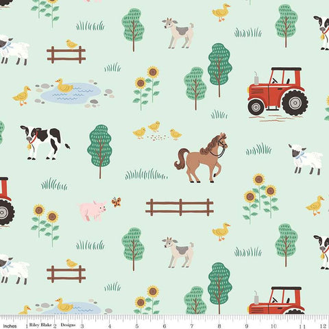 Image of One the Farm Farm Mint flannel cotton fabric by The RBD Designers for Riley Blake Designs. Features animals on a green background. Cute Little Fabric Shop