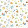 Image of Flannel Special Delivery Toss White flannel cotton fabric by Doodlebug Design Inc. for Riley Blake Designs. Features toys on a white background. Cute Little Fabric Shop