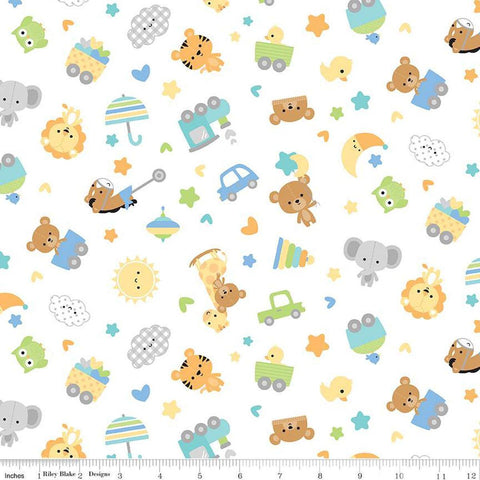 Image of Flannel Special Delivery Toss White flannel cotton fabric by Doodlebug Design Inc. for Riley Blake Designs. Features toys on a white background. Cute Little Fabric Shop