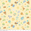 Image of Flannel Special Delivery Toss Yellow flannel cotton fabric by Doodlebug Design Inc. for Riley Blake Designs. Features toys on a yellow background. Cute Little Fabric Shop