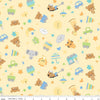 Image of Flannel Special Delivery Toss Yellow flannel cotton fabric by Doodlebug Design Inc. for Riley Blake Designs. Features toys on a yellow background. Cute Little Fabric Shop