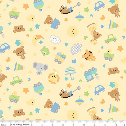 Image of Flannel Special Delivery Toss Yellow flannel cotton fabric by Doodlebug Design Inc. for Riley Blake Designs. Features toys on a yellow background. Cute Little Fabric Shop