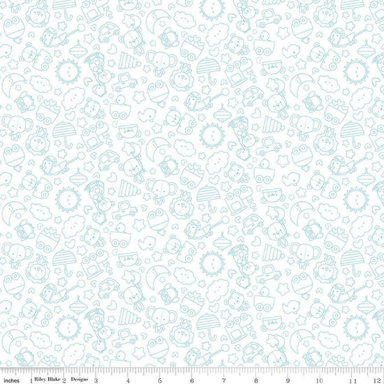 Image of Flannel Special Delivery Tonal White flannel cotton fabric by Doodlebug Design Inc. for Riley Blake Designs. Features toys on a white background. Cute Little Fabric Shop