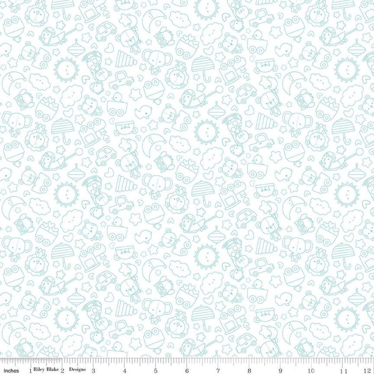 Image of Flannel Special Delivery Tonal White flannel cotton fabric by Doodlebug Design Inc. for Riley Blake Designs. Features toys on a white background. Cute Little Fabric Shop