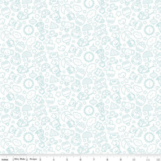 Image of Flannel Special Delivery Tonal White flannel cotton fabric by Doodlebug Design Inc. for Riley Blake Designs. Features toys on a white background. Cute Little Fabric Shop