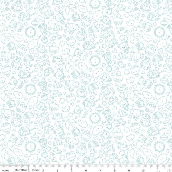 Image of Flannel Special Delivery Tonal White flannel cotton fabric by Doodlebug Design Inc. for Riley Blake Designs. Features toys on a white background. Cute Little Fabric Shop