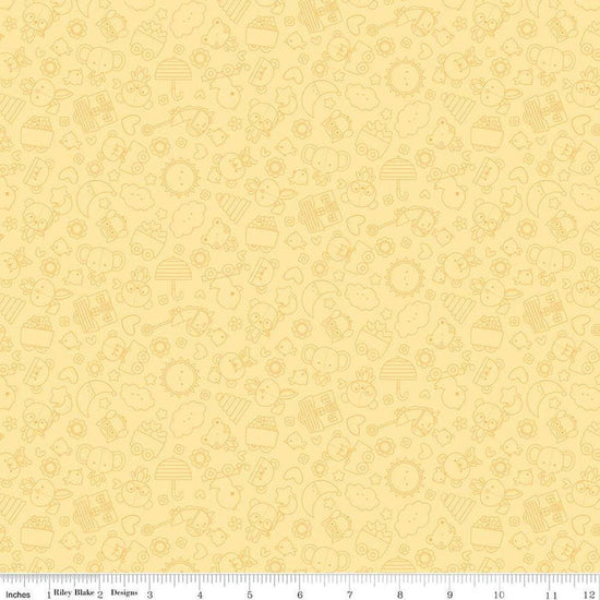 Image of Flannel Bundle of Joy Tonal Yellow flannel cotton fabric by Doodlebug Design Inc. for Riley Blake Designs. Features toys on a yellow background. Cute Little Fabric Shop