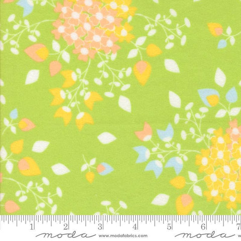 Image of the Sherbet Sunshine Flan Bouquets Leaf by Corey Yoder for Moda Fabrics. Features flowers on a green background. Cute Little Fabric Shop