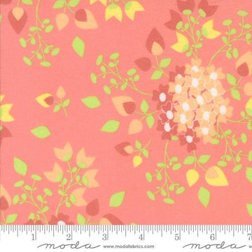 Image of the Sherbet Sunshine Flan Bouquets Flamingo by Corey Yoder for Moda Fabrics. Features flowers on a coral background. Cute Little Fabric Shop