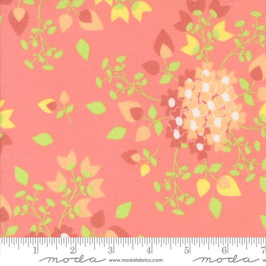 Image of the Sherbet Sunshine Flan Bouquets Flamingo by Corey Yoder for Moda Fabrics. Features flowers on a coral background. Cute Little Fabric Shop