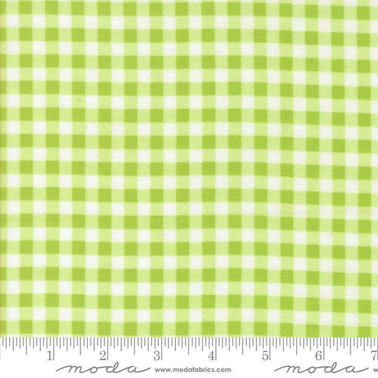 Image of the Sherbet Sunshine Flan Gingham Leaf by Corey Yoder for Moda Fabrics. Features gingham on a green background. Cute Little Fabric Shop