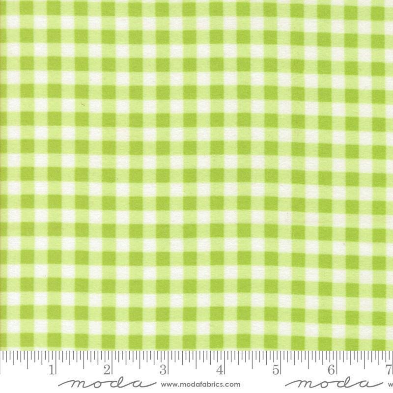 Image of the Sherbet Sunshine Flan Gingham Leaf by Corey Yoder for Moda Fabrics. Features gingham on a green background. Cute Little Fabric Shop