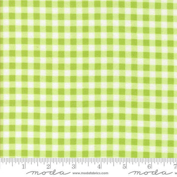 Image of the Sherbet Sunshine Flan Gingham Leaf by Corey Yoder for Moda Fabrics. Features gingham on a green background. Cute Little Fabric Shop