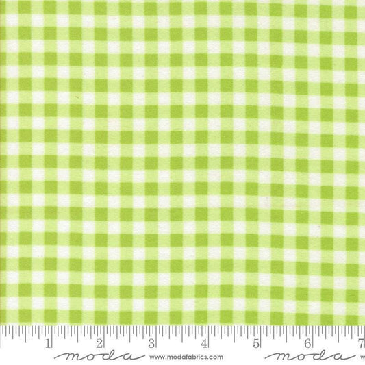 Image of the Sherbet Sunshine Flan Gingham Leaf by Corey Yoder for Moda Fabrics. Features gingham on a green background. Cute Little Fabric Shop