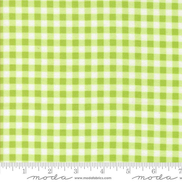 Image of the Sherbet Sunshine Flan Gingham Leaf by Corey Yoder for Moda Fabrics. Features gingham on a green background. Cute Little Fabric Shop