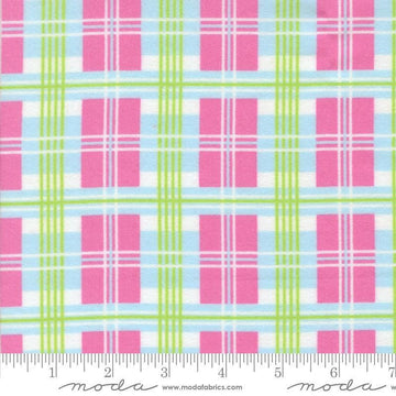 Image of the Sherbet Sunshine Flan Plaid Petal Pink by Corey Yoder for Moda Fabrics. Features plaid on a pink background. Cute Little Fabric Shop