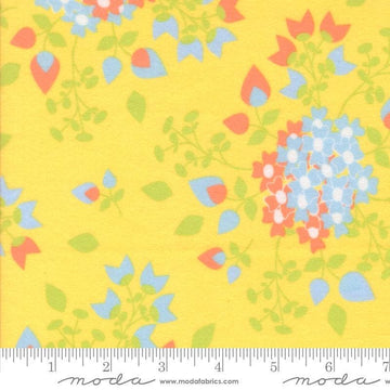 Image of the Sherbet Sunshine Flan Bouquets Sunshine by Corey Yoder for Moda Fabrics. Features flowers on a yellow background. Cute Little Fabric Shop